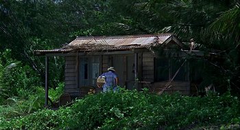 Movie still from “Age of Consent” (1969), directed by Michael Powell – A man standing in front of an old shack; Wide shot, High angle