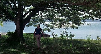 Movie still from “Age of Consent” (1969), directed by Michael Powell – A man standing next to a tree near a body of water; Wide shot, Low angle