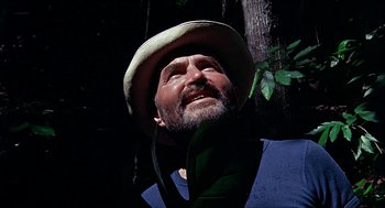 Movie still from “Age of Consent” (1969), directed by Michael Powell – A man wearing a hat looking up at the sky; Close Up shot, Low angle