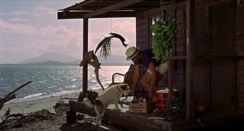 Movie still from “Age of Consent” (1969), directed by Michael Powell – A man sitting on a porch next to a bunch of bananas; Wide shot, Low angle