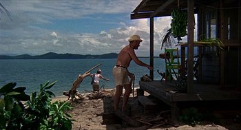Movie still from “Age of Consent” (1969), directed by Michael Powell – A man standing on top of a beach next to water; Wide shot, Low angle