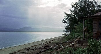 Movie still from “Age of Consent” (1969), directed by Michael Powell – A tree on the beach near the water; Extreme Wide shot, High angle