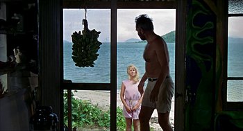 Movie still from “Age of Consent” (1969), directed by Michael Powell – A man and a woman standing in front of a window; Wide shot, Over the shoulder angle