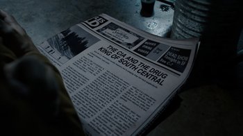 Movie still from “Snowfall” (2017), directed by Hiro Murai – The front page of a newspaper; Extreme Close Up shot, Overhead angle