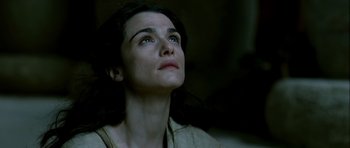 Movie still from “Agora” (2009), directed by Alejandro Amenábar – A person looking up at the sky; Close Up shot, Low angle