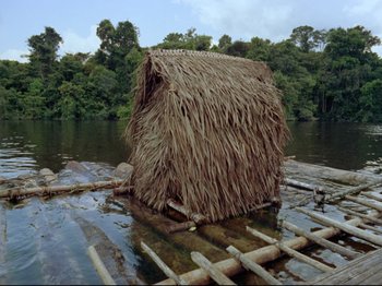 Movie still from “Aguirre, the Wrath of God” (1972), directed by Werner Herzog – A raft with a thatched roof floating on a river; Extreme Wide shot, High angle