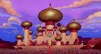 Movie still from “Aladdin” (1992), directed by John Musker – An illustration of a castle with many domes and spires; Extreme Wide shot, High angle