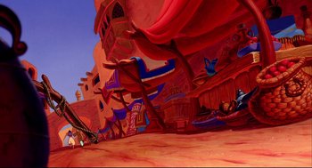 Movie still from “Aladdin” (1992), directed by John Musker – A painting of an area that looks like an amusement park; Extreme Wide shot, Low angle