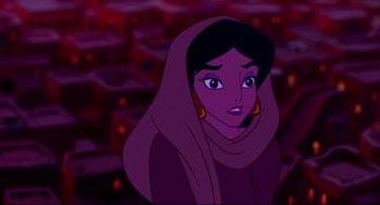 Movie still from “Aladdin” (1992), directed by John Musker – A woman with a scarf on her head; Close Up shot, Over the shoulder angle