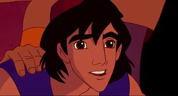 Movie still from “Aladdin” (1992), directed by John Musker – A person's face in a cartoon style; Close Up shot, High angle