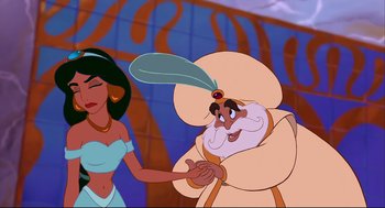 Movie still from “Aladdin” (1992), directed by John Musker – A woman is holding a hand of a bearded man; Medium shot, Over the shoulder angle