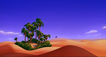 Movie still from “Aladdin” (1992), directed by John Musker – An animated desert scene with palm trees in the background; Extreme Wide shot, Low angle