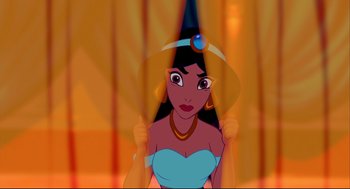 Movie still from “Aladdin” (1992), directed by John Musker – A cartoon character wearing a hat; Close Up shot, High angle