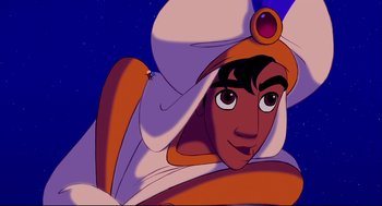 Movie still from “Aladdin” (1992), directed by John Musker – A character from the disney animated film aladdin; Close Up shot, Low angle