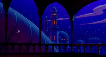 Movie still from “Aladdin” (1992), directed by John Musker – An image of an animated scene of a city at night; Extreme Wide shot, Low angle