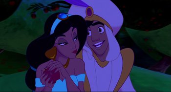 Movie still from “Aladdin” (1992), directed by John Musker – A man and a woman are posing for a picture; Medium shot, Over the shoulder angle