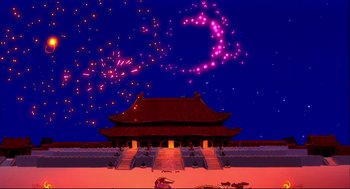 Movie still from “Aladdin” (1992), directed by John Musker – Fireworks are seen in the night sky above a building; Extreme Wide shot, Low angle