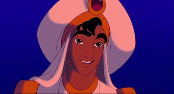 Movie still from “Aladdin” (1992), directed by John Musker – A cartoon character with a hat on; Close Up shot, High angle