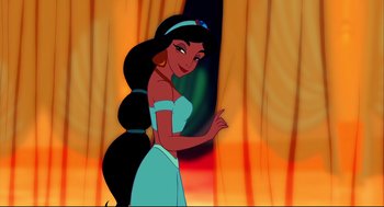 Movie still from “Aladdin” (1992), directed by John Musker – A woman with long black hair standing in front of a curtain; Medium shot, Over the shoulder angle