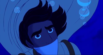 Movie still from “Aladdin” (1992), directed by John Musker – A man with long hair and a blue bandage on his face; Close Up shot, Overhead angle