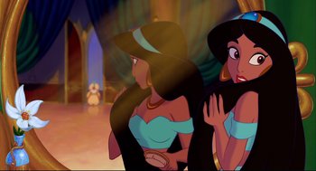 Movie still from “Aladdin” (1992), directed by John Musker – Two animated women are standing next to each other; Medium shot, Over the shoulder angle