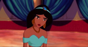 Movie still from “Aladdin” (1992), directed by John Musker – A cartoon character wearing a hat; Close Up shot, Over the shoulder angle