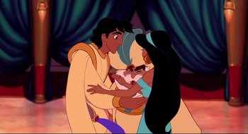 Movie still from “Aladdin” (1992), directed by John Musker – A group of people that are standing in a room together; Wide shot, High angle