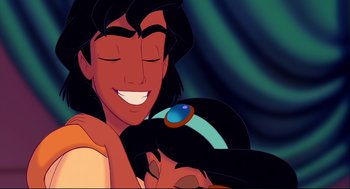 Movie still from “Aladdin” (1992), directed by John Musker – A cartoon character holding a child; Close Up shot, Over the shoulder angle