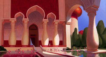 Movie still from “Aladdin” (1992), directed by John Musker – An artistic rendering of a palace with flamingos in it; Extreme Wide shot, Low angle