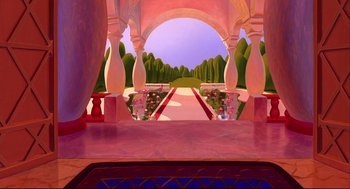 Movie still from “Aladdin” (1992), directed by John Musker – An artistic rendering of a garden with a path leading up to the arch; Extreme Wide shot, High angle