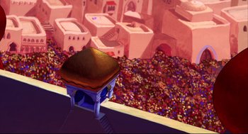 Movie still from “Aladdin” (1992), directed by John Musker – An image of an animated scene with a table in the middle of the room; Extreme Wide shot, Overhead angle