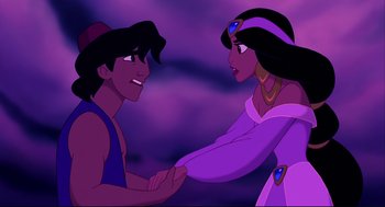 Movie still from “Aladdin” (1992), directed by John Musker – A man and a woman shaking hands in front of a purple sky; Medium shot, Over the shoulder angle