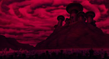 Movie still from “Aladdin” (1992), directed by John Musker – An illustration of a red sky with a mountain in the background; Extreme Wide shot, Low angle