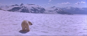 Movie still from “Alaska” (1996), directed by Fraser C. Heston – A polar bear walking across a snow covered field; Extreme Wide shot, High angle