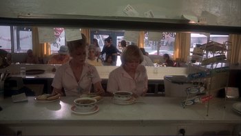 Movie still from “Alice Doesn't Live Here Anymore” (1974), directed by Martin Scorsese – Two women sitting at a table with a bowl of soup; Medium shot, Low angle