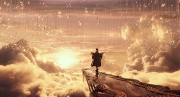 Movie still from “Alice Through the Looking Glass” (2016), directed by James Bobin – A man standing on a bridge in the middle of the sky; Extreme Wide shot, High angle