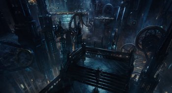 Movie still from “Alice Through the Looking Glass” (2016), directed by James Bobin – A man standing on a platform in the middle of a building; Extreme Wide shot, High angle