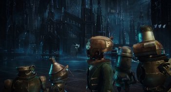 Movie still from “Alice Through the Looking Glass” (2016), directed by James Bobin – A group of people standing next to each other in the dark; Wide shot, Low angle