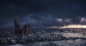 Movie still from “Alice Through the Looking Glass” (2016), directed by James Bobin – A view of a town in the middle of the night; Extreme Wide shot, High angle
