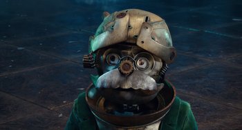 Movie still from “Alice Through the Looking Glass” (2016), directed by James Bobin – A man with a helmet and a mask on his head; Close Up shot, High angle