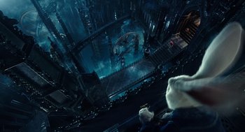 Movie still from “Alice Through the Looking Glass” (2016), directed by James Bobin – A view from above looking down at a building; Extreme Wide shot, High angle