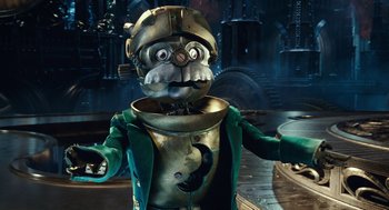 Movie still from “Alice Through the Looking Glass” (2016), directed by James Bobin – A man dressed in a costume and a helmet; Close Up shot, Low angle