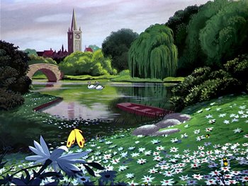 Movie still from “Alice in Wonderland” (1951), directed by Wilfred Jackson – A painting of a river with a bridge in the background; Extreme Wide shot, Low angle