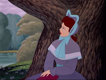 Movie still from “Alice in Wonderland” (1951), directed by Wilfred Jackson – A painting of a woman sitting in front of a tree; Medium shot, Over the shoulder angle
