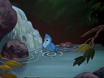 Movie still from “Alice in Wonderland” (1951), directed by Wilfred Jackson – A blue bird sitting in the middle of a river; Wide shot, High angle