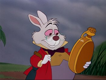 Movie still from “Alice in Wonderland” (1951), directed by Wilfred Jackson – A cartoon of a white rabbit holding an alarm clock; Medium shot, Over the shoulder angle