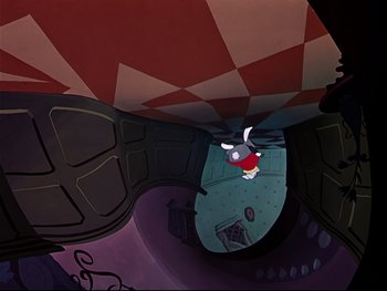 Movie still from “Alice in Wonderland” (1951), directed by Wilfred Jackson – An image of an animated rabbit in a room; Wide shot, Overhead angle