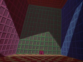 Movie still from “Alice in Wonderland” (1951), directed by Wilfred Jackson – An empty room with a checkerboard floor and walls; Extreme Wide shot, High angle