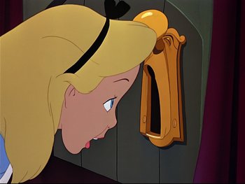 Movie still from “Alice in Wonderland” (1951), directed by Wilfred Jackson – A cartoon of a woman looking at a door; Close Up shot, High angle
