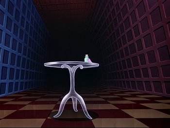 Movie still from “Alice in Wonderland” (1951), directed by Wilfred Jackson – A table with a candle sitting on top of it in the middle of a room; Extreme Wide shot, High angle